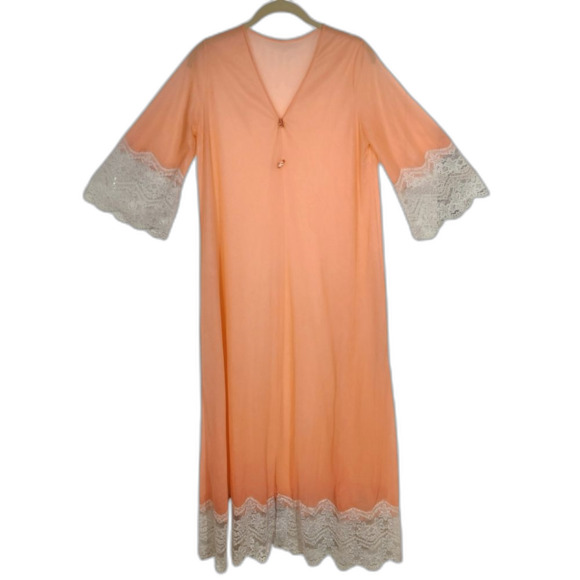 Vintage 60s 70s Robe Duster Flowy Glam BOHO Bell Sleeve Sheer Lace Coral Peach S - Picture 3 of 16